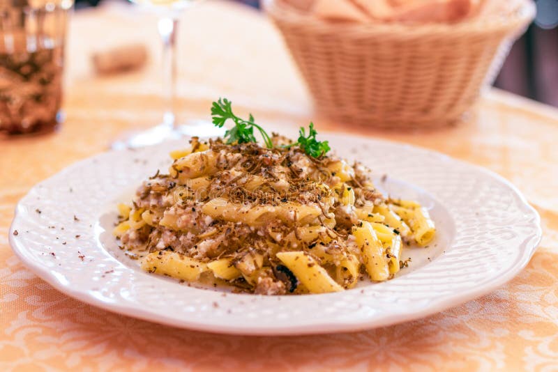 Plato de las pastas italianas clásicas con chees negros de la trufa y de las ovejas imagen de archivo libre de regalías Plato de las pastas italianas clásicas con chees negros de la trufa y de las ovejas imagen de archivo libre de regalías