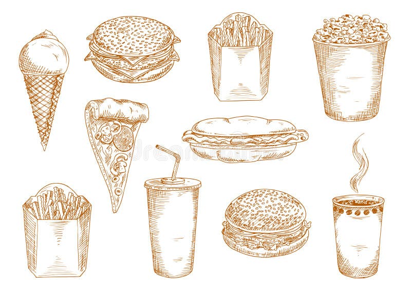 Platos de los alimentos de preparación rápida con las bebidas y bosquejo de los postres stock de ilustración Platos de los alimentos de preparación rápida con las bebidas y bosquejo de los postres stock de ilustración