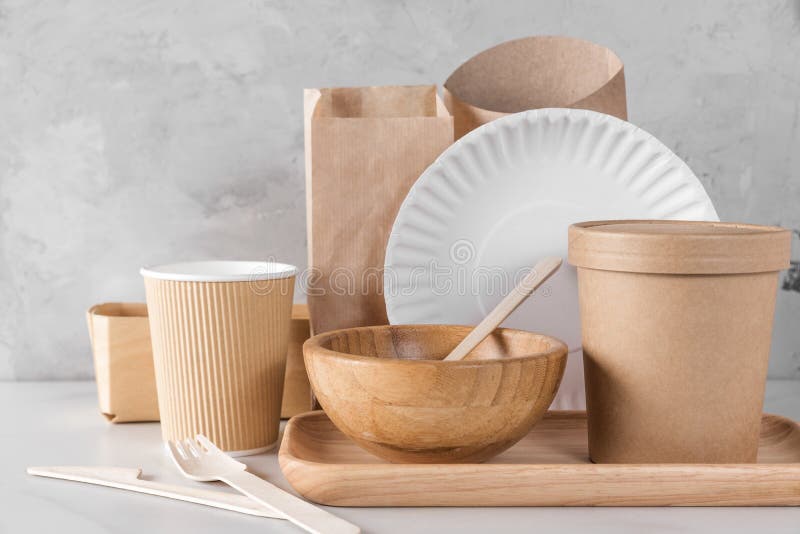 Vajilla desechable biodegradable. platos, vasos, cajas de papel. cubiertos  de madera. endecha plana