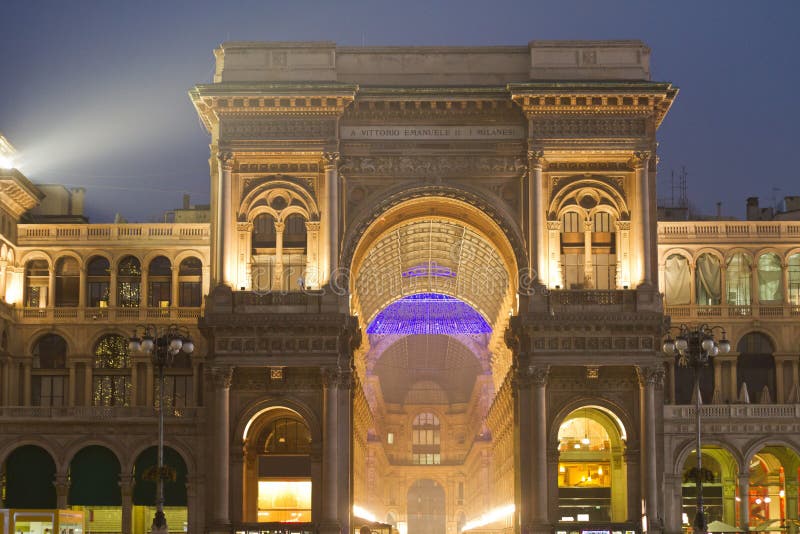 Galleria Vittorio Emanuele commercial gallery in Milan, Italy, night scene. Galleria Vittorio Emanuele commercial gallery in Milan, Italy, night scene