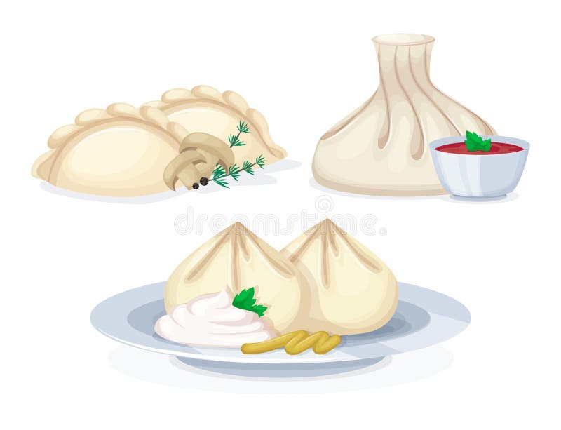 Plats savoureux traditionnels de vareniki de khinkali de mantas de nourriture de viande illustration stock Plats savoureux traditionnels de vareniki de khinkali de mantas de nourriture de viande illustration stock