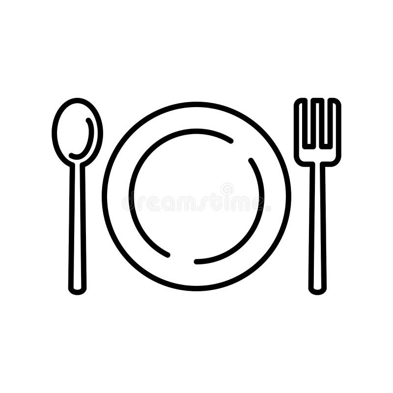 Platta med sked- och gaffelrestaurangsymbolen Kökanordningar för att laga mat illustrationen Enkel tunn linje stilsymbol vektor illustrationer Platta med sked- och gaffelrestaurangsymbolen Kökanordningar för att laga mat illustrationen Enkel tunn linje stilsymbol vektor illustrationer