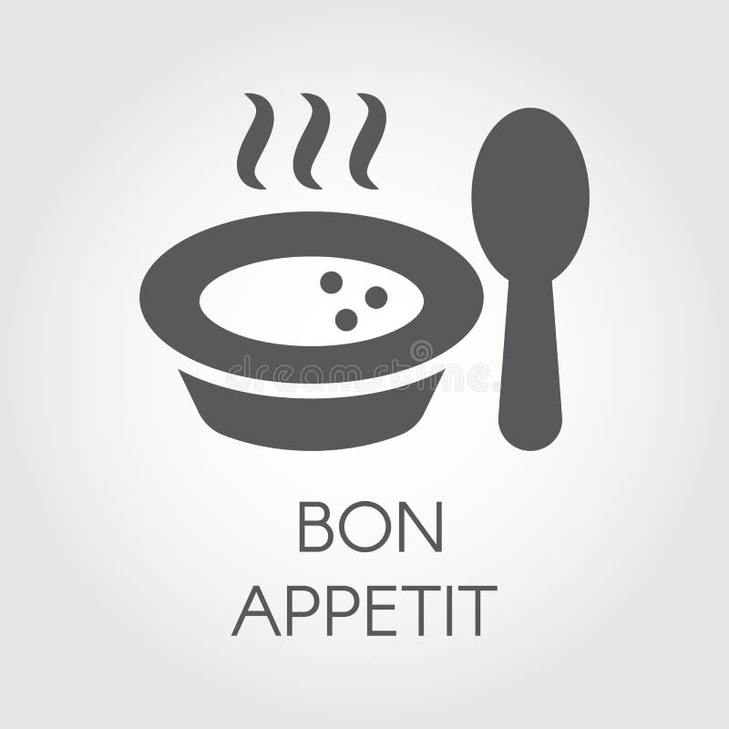Plate with spoon flat icon. Portion of hot food with steam and wish bon appetit. Label for culinary design needs - sticker, books, pictogram for sites, apps and other projects. Vector illustration. Plate with spoon flat icon. Portion of hot food with steam and wish bon appetit. Label for culinary design needs - sticker, books, pictogram for sites, apps and other projects. Vector illustration