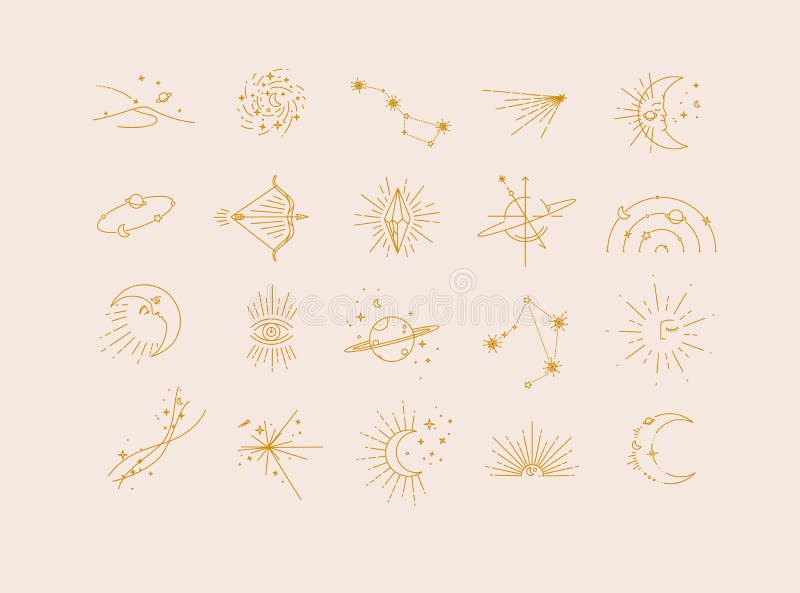 Flat elegance astrology signs landscape, galaxy, constellation, comet, moon, orbit, bow, arrows, crystal, eye, Saturn, star, stars, sun, particles, particle sunset space modern line style drawing with brown color lines on beige background. Flat elegance astrology signs landscape, galaxy, constellation, comet, moon, orbit, bow, arrows, crystal, eye, Saturn, star, stars, sun, particles, particle sunset space modern line style drawing with brown color lines on beige background