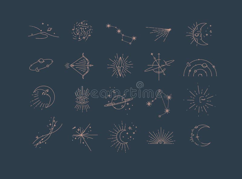 Flat elegance astrology signs landscape, galaxy, constellation, comet, moon, orbit, bow, arrows, crystal, eye, Saturn, star, stars, sun, particles, particle sunset space modern line style drawing with brown color lines on blue background. Flat elegance astrology signs landscape, galaxy, constellation, comet, moon, orbit, bow, arrows, crystal, eye, Saturn, star, stars, sun, particles, particle sunset space modern line style drawing with brown color lines on blue background