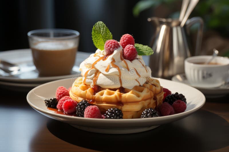 Platte mit köstlichen Waffeln mit Creme Karamellsirup Beeren und frischer Minze zum Frühstück. generative Hilfe