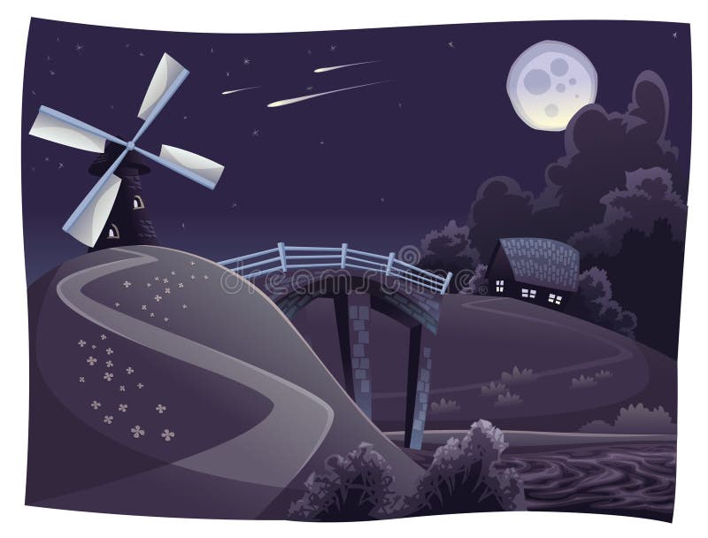 Platteland met windmolen in de nacht stock illustratie Platteland met windmolen in de nacht stock illustratie