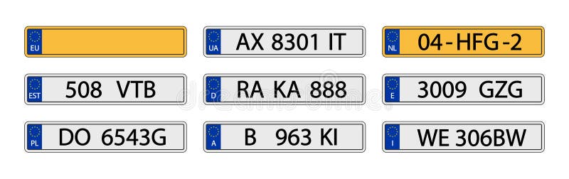 Plattenwagen mit Nummer. Nummerngenehmigung. Europäische Fahrzeugzulassung. EU-Führerschein. Euro-Nummernschild. Symbol lizenzfreie abbildung