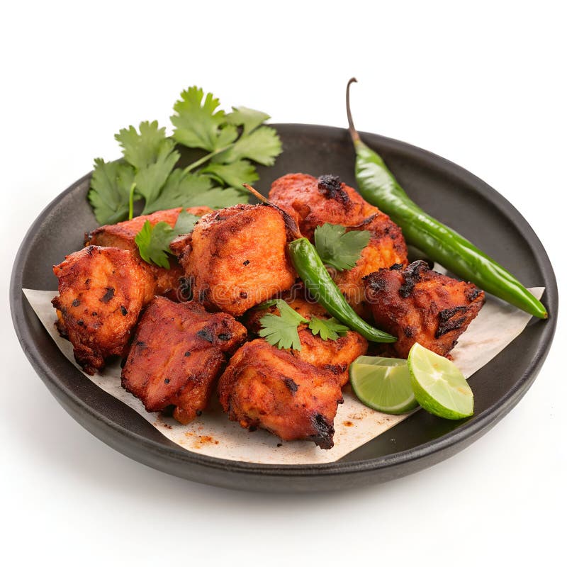 Platter av kryddad kyckling tikka isolerad på vit bakgrund vektor illustrationer