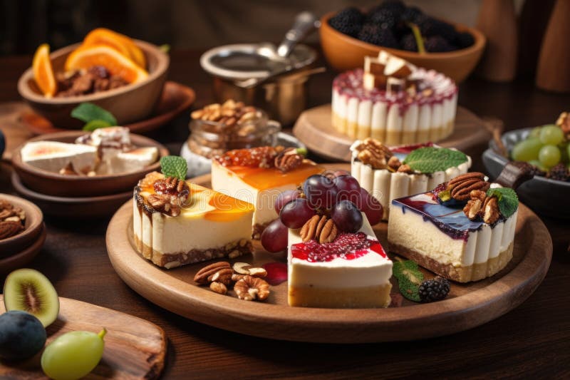 Platter of cheesecake slices, served with variety of fruit and nut toppings stock illustration