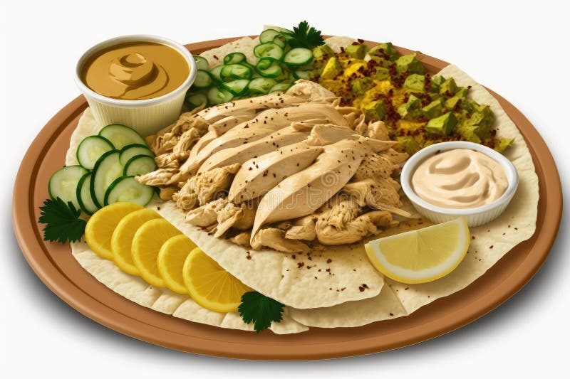 Platter of Chicken Shawarma, Topped with Pickles and Hummus Stock