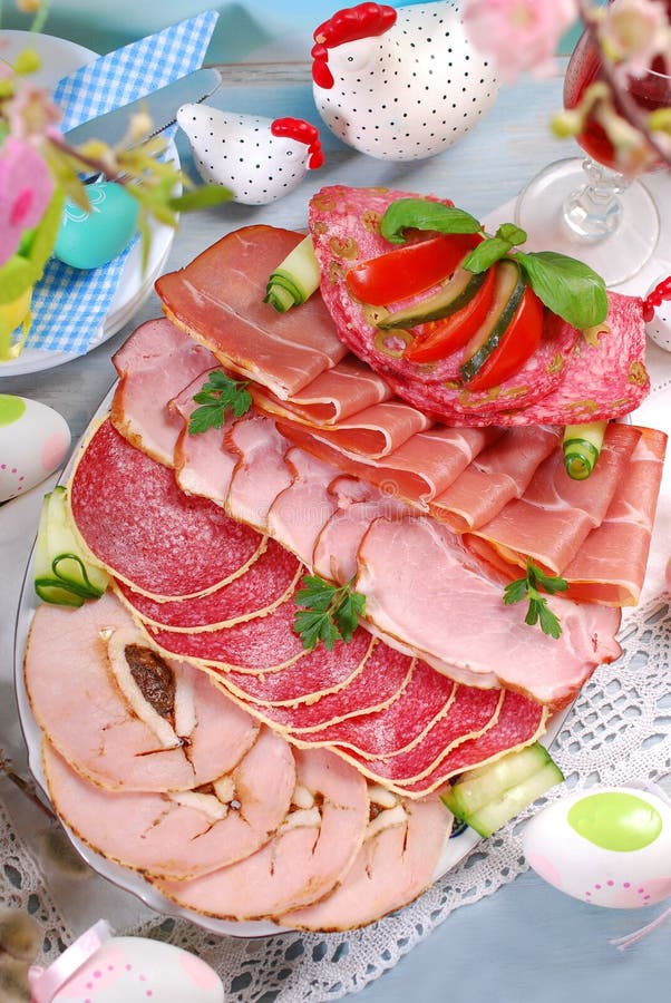 Platter of Cured Meat,ham and Salami on Eater Table Stock Photo Image