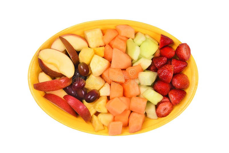 A platter of fresh cut fruit. Isolated on white fruits include, Strawberry, Pineapple, Apple, Cantaloupe, Honeydew Melon and Grape