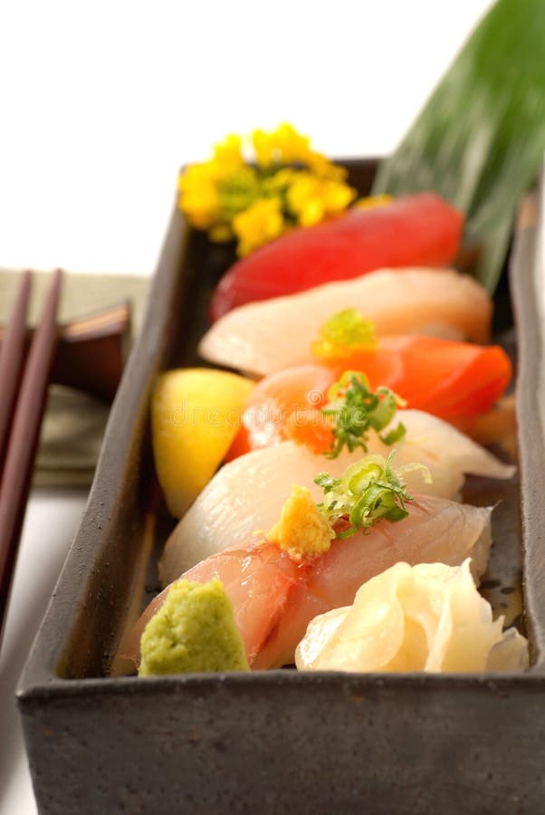 Platter of fresh Japanese sushi with wasabi