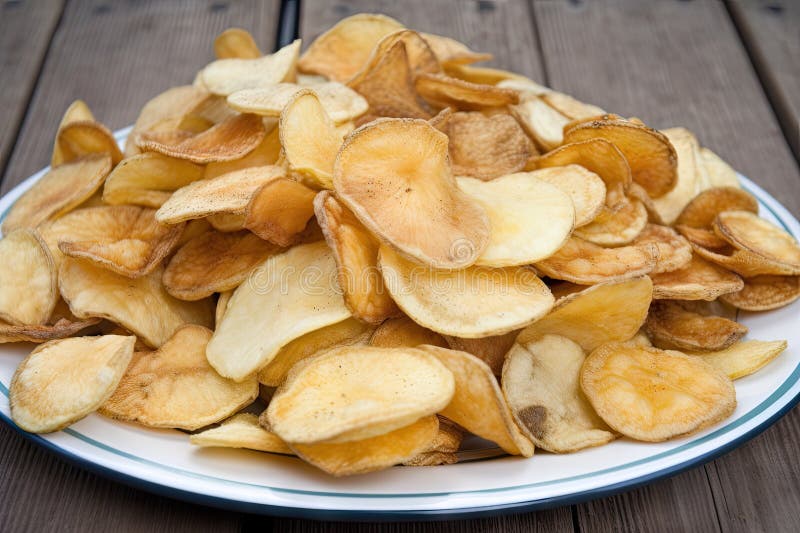 A Platter of Fried and Salted Potatoes Chips, Ready To Devour Stock