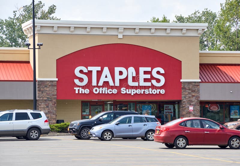 Staples office superstore sign. An American multinational office