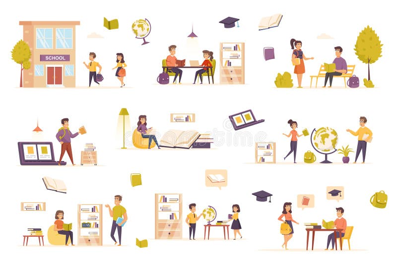 Plattscener för distansutbildning. isolerad uppsättning för självutbildning. skolmöbler för studentbibliotek, världsliga bokhyllor stock illustrationer