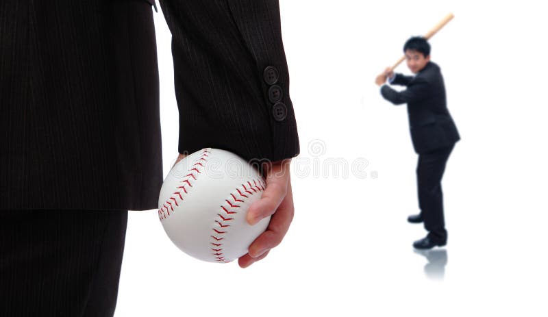 Play Ball ! Business man take baseball ready to pitching