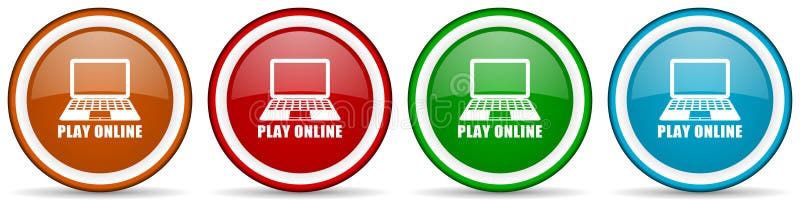 Play online glossy icons, set of modern design buttons for web, internet and mobile applications in four colors options isolated on white background.