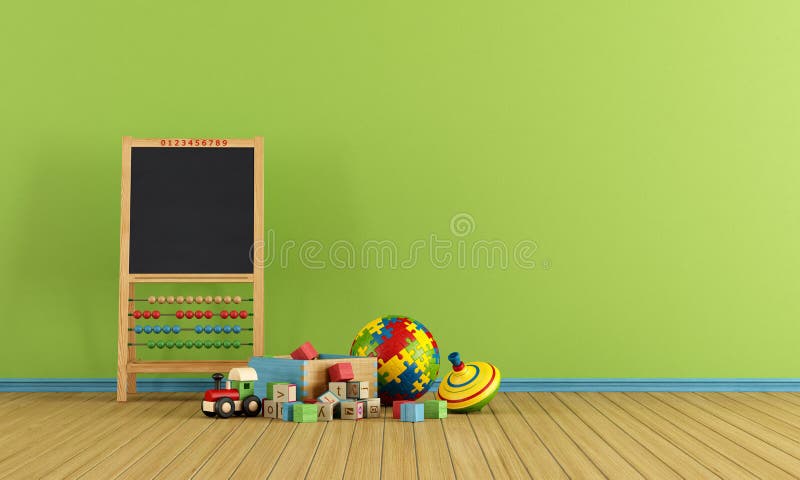 Sala giochi con giocattoli e lavagna con abacus rendering.