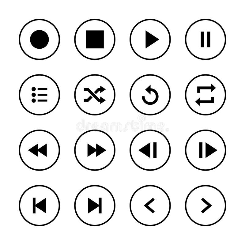 Play, stop, pause, previous, next, shuffle, repeat. Icon set collection of music player app royalty free illustration