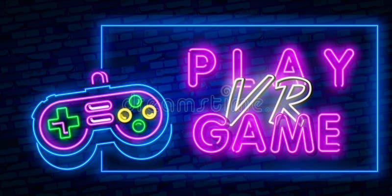 Play video game neon sign. Virtual reality neon sign, bright signboard, light banner. VR Game logo, emblem and label. Vector vector illustration Play video game neon sign. Virtual reality neon sign, bright signboard, light banner. VR Game logo, emblem and label. Vector vector illustration