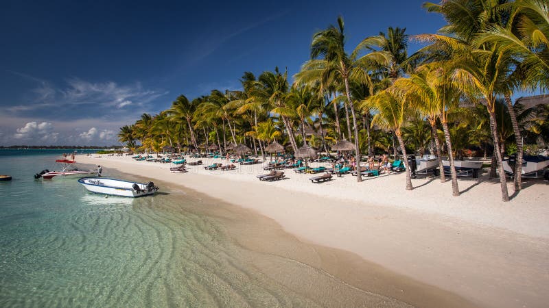 Playa arenosa blanca hermosa en Mauricio imágenes de archivo libres de regalías Playa arenosa blanca hermosa en Mauricio imágenes de archivo libres de regalías