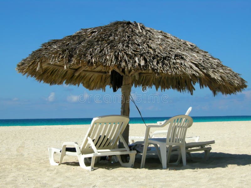 Straw sun shelter and beach chairs at Varadero beach, Cuba. Straw sun shelter and beach chairs at Varadero beach, Cuba