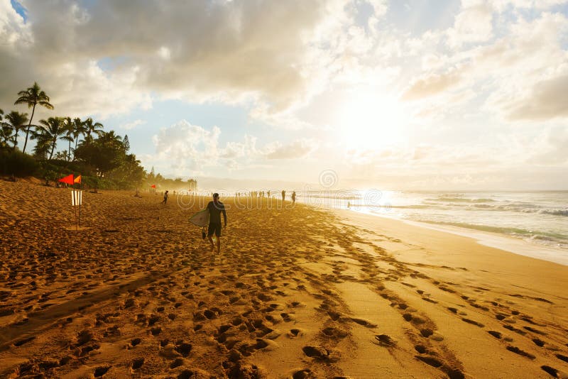 Playa de atardecer en la costa norte, Oahu, Hawái imagenes de archivo Playa de atardecer en la costa norte, Oahu, Hawái imagenes de archivo