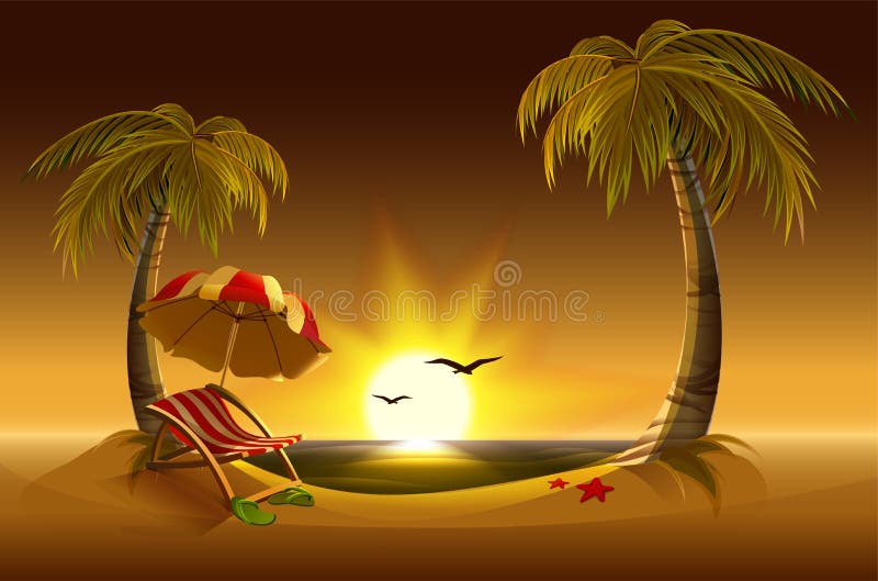 Playa de la tarde Mar, sol, palmeras y arena Vacaciones de verano románticas ilustración del vector Playa de la tarde Mar, sol, palmeras y arena Vacaciones de verano románticas ilustración del vector