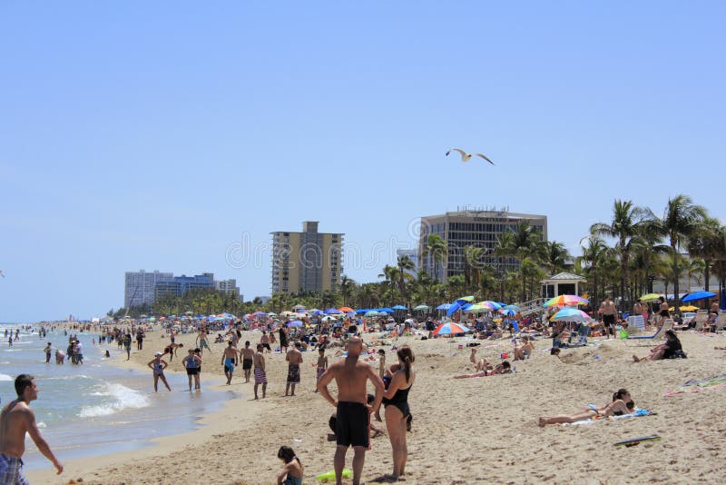 FORT LAUDERDALE, FLORIDA - APRIL 8, 2013: Very busy spring break day on the Atlantic coast beach with many people enjoying the hot and sunny tropical weather with many colorful umbrellas giving shade. FORT LAUDERDALE, FLORIDA - APRIL 8, 2013: Very busy spring break day on the Atlantic coast beach with many people enjoying the hot and sunny tropical weather with many colorful umbrellas giving shade