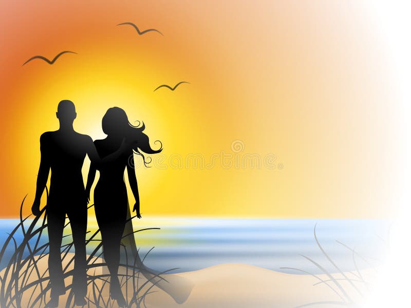 Playa romántica de la puesta del sol de los pares stock de ilustración Playa romántica de la puesta del sol de los pares stock de ilustración