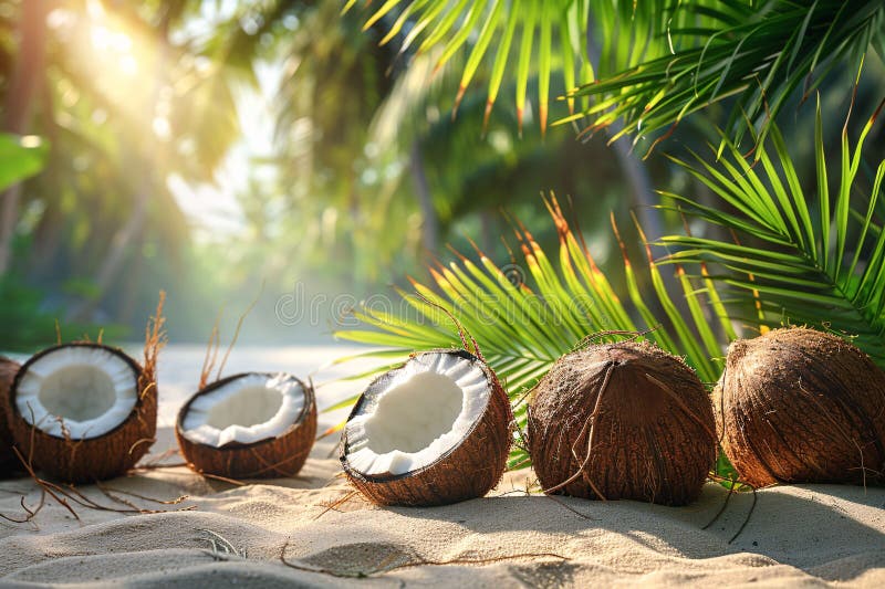 Playa tropical con cocos frescos. stock de ilustración