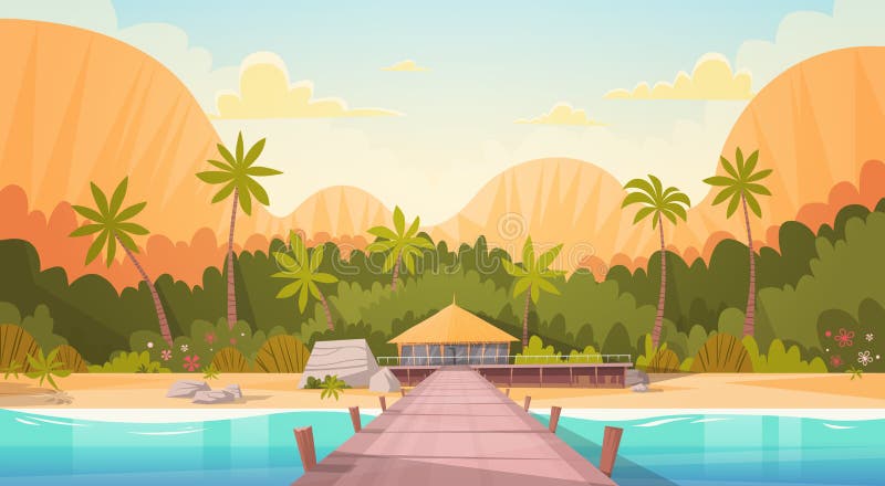 Playa tropical con el paisaje de la casa de la casa de planta baja del agua, concepto de las vacaciones del viaje del verano stock de ilustración Playa tropical con el paisaje de la casa de la casa de planta baja del agua, concepto de las vacaciones del viaje del verano stock de ilustración