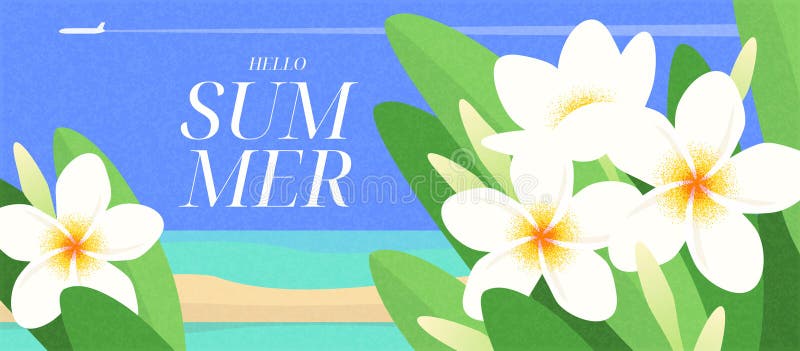 Playa tropical de verano con flores de plumeria blanca hojas verdes y avión en cielo azul ilustración del vector