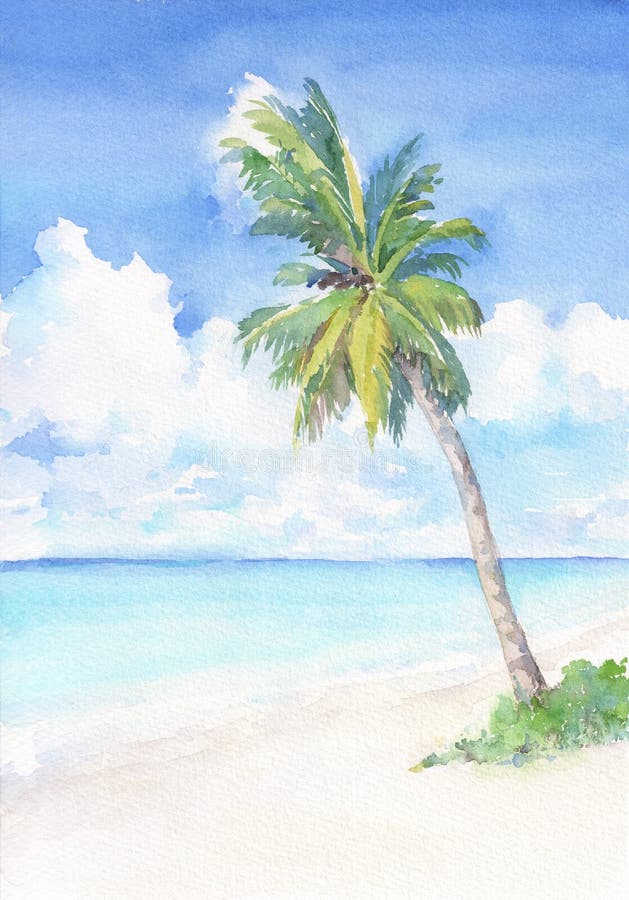 Playa tropical del paraíso con la palmera Ejemplo dibujado mano de la acuarela ilustración del vector