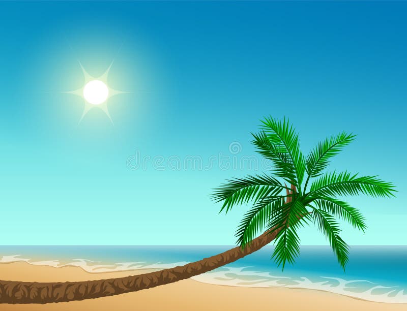 Playa tropical del paraíso Palmera inclinada, cielo claro, sol, mar y arena libre illustration