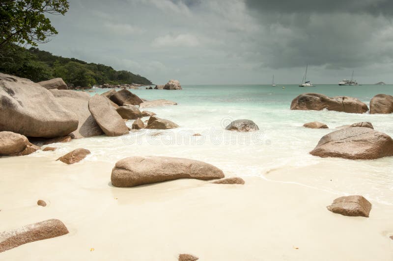 Anse Lazio beach, Praslin Island, Seychelles. Cloudy day. Anse Lazio beach, Praslin Island, Seychelles. Cloudy day.