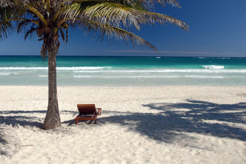 Idyllic tropical beach with sun lounger under palm tree. Idyllic tropical beach with sun lounger under palm tree.