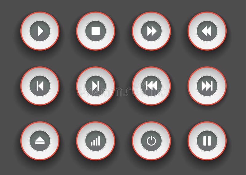 Player buttons set in paper cut style. Symbols for play, stop, pause and moving clip forward and back stock illustration