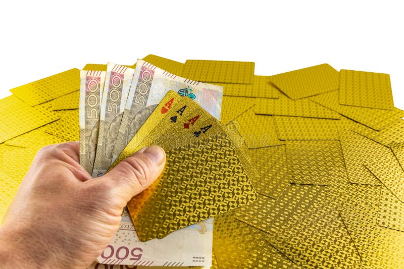 Player holds golden cards in hand, sure gambling winnings, four aces, playing poker, cards on white background. Bad player stock images, royalty-free photos and pictures