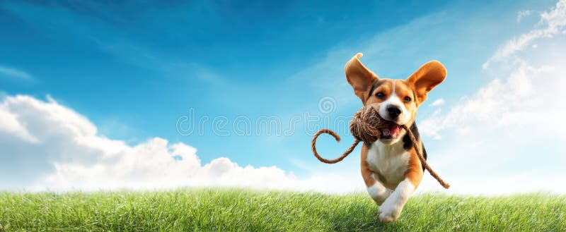 The playful beagle running joyfully through lush green grass under a clear blue sky. image stock photography.