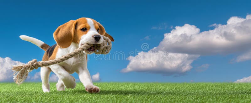 The playful beagle running with a rope toy in a sunny green field.. image royalty free stock image.