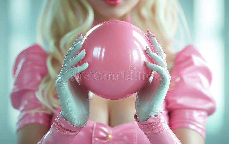 A playful blonde in pink latex conceals her smile behind a vibrant pink balloon, radiating Valentine\'s joy vector illustration