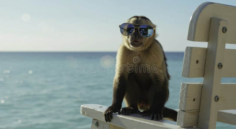 Cool Monkey Wearing Sunglasses on Beach Bench, AI Generative Image royalty free stock photos
