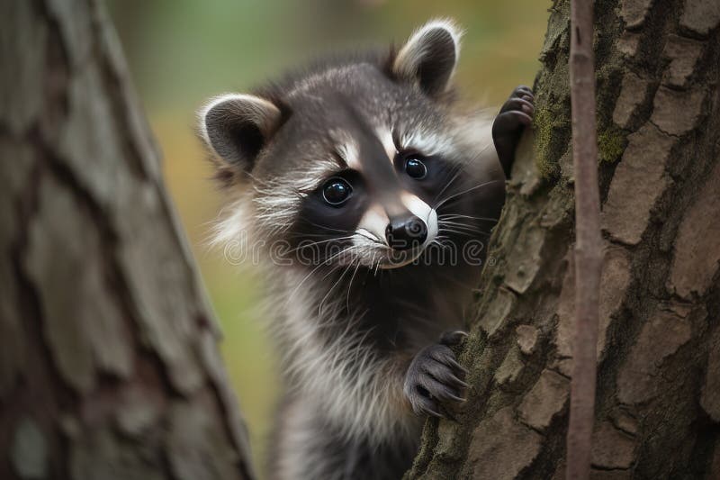 A Playful and Curious Baby Raccoon Learning To Climb a Tree. Generative