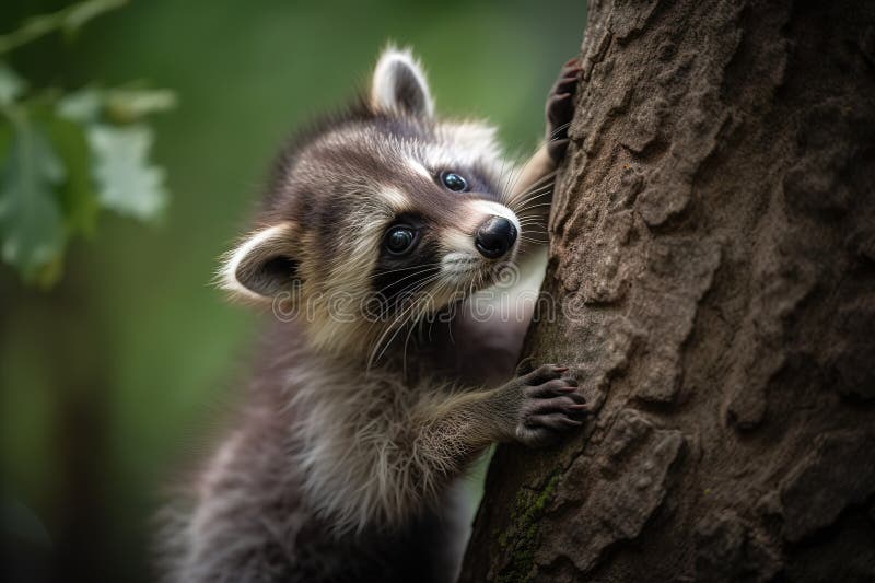 A Playful and Curious Baby Raccoon Learning To Climb a Tree. Generative