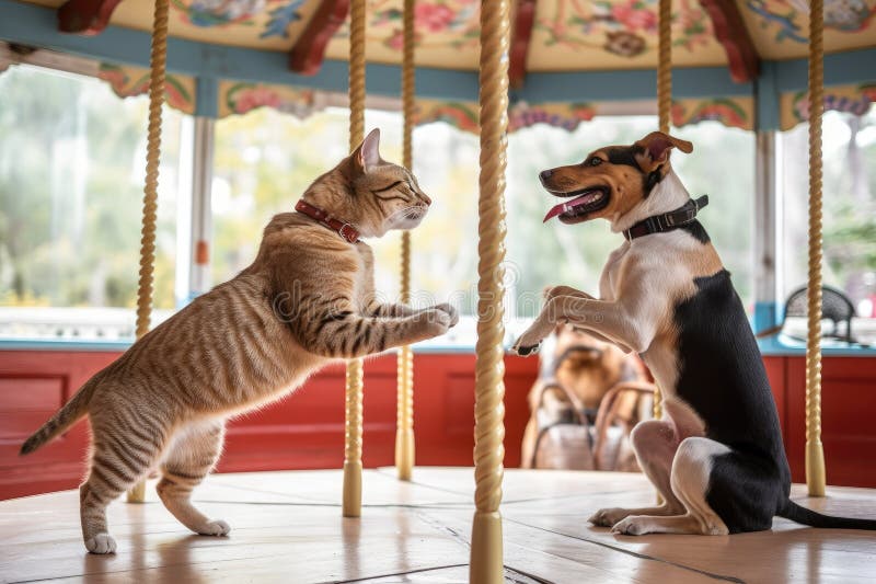 A Playful Dog Chasing a Cat on a Carousel Stock Illustration