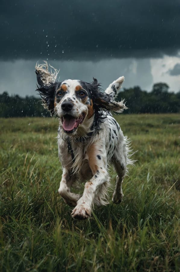 Happy English Setter Running in the Rain royalty free illustration