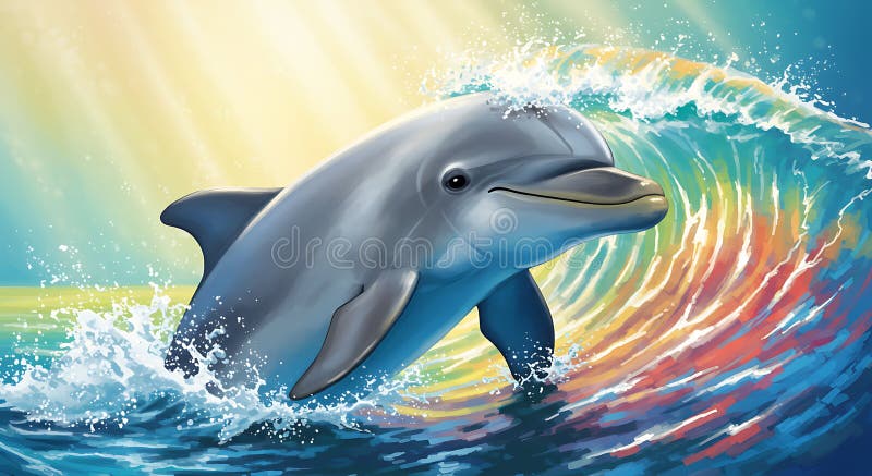 A playful dolphin leaps through vibrant, swirling waves illuminated by sunlight. T vector illustration